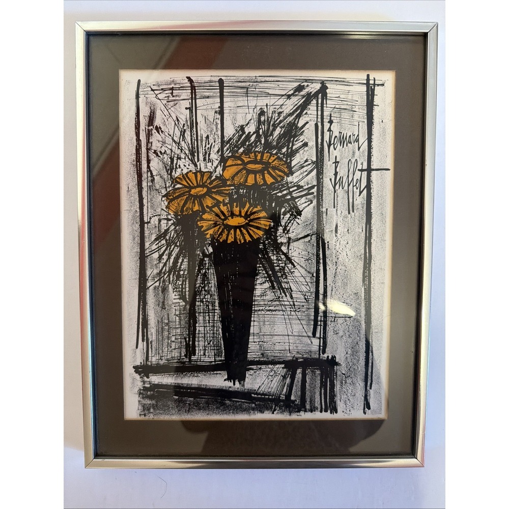 Bernard Buffet Original Signed Lithograph FLOWER Framed 14x11 w/ COA Mid-Century
